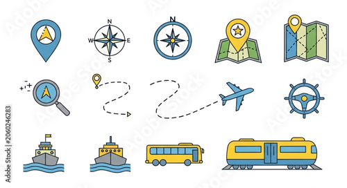 Collection of travel and navigation icons and symbols.