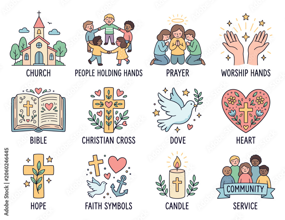 Obraz premium Church community vector icon set faith symbols