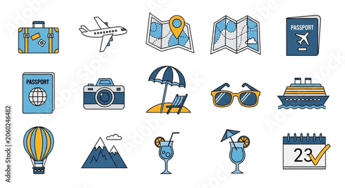 Collection of travel and vacation icons and symbols.