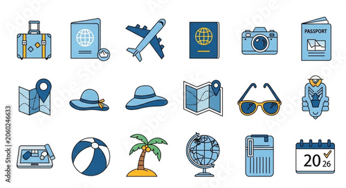 Collection of travel and vacation icons and symbols.