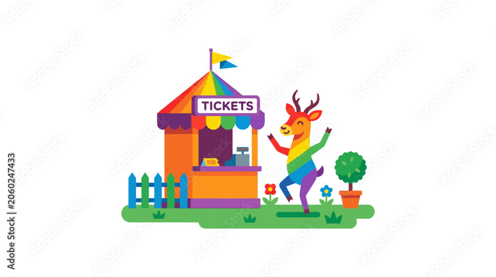 Obraz premium Rainbow deer at ticket booth, pride celebration, summer fair, fun outdoor event