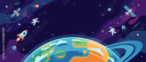 Panoramic Vector Banner Illustration of a Space Exploration Mission Featuring a Glowing Planet Arc, Shimmering Stars, and Deep Cosmic Nebula for Science and Astronomy Background Graphic Design
