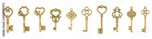 Fotografie High quality template featuring thirty eight unique shapes of retro keys including hearts, crowns, clover and peace symbols