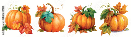 Foto Watercolor pumpkins displaying autumn harvest elements and colorful fall leaves,