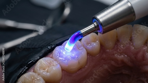 Dental curing light being used to harden a composite resin filling on a tooth