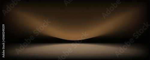 Golden brown studio background. Abstract limbo podium studio space. Dark white gradient wall floor and spotlights. Showcase, promotional display. Vector stage mockup illustration
