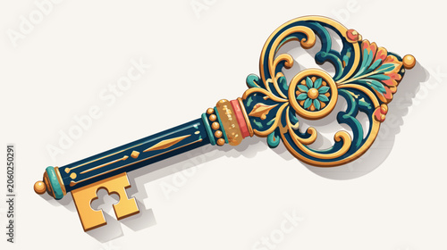 Vintage retro key with an intricate ornamental handle and antique design, flat vector illustration of a classic metal door key for security, mystery, or decorative concept on solid background.