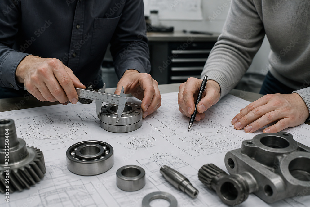 Fototapeta premium Engineers are reviewing technical drawings and examining mechanical parts like gears, bearings, and castings on a desk.