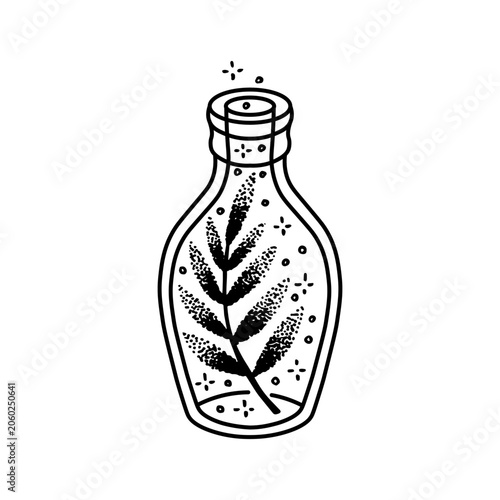 Hand drawn magical bottle with twig vector