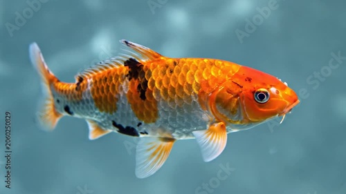 Colorful koi fish swimming in clear blue water of garden pond.