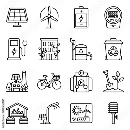 Bild auf Leinwand The image displays 16 linear icons related to ecology, renewable energy, and sustainable living, featuring solar panels, wind turbines, and recycling
