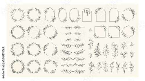 Foto Elegant botanical frames and floral wreaths vector set, hand drawn line art bord