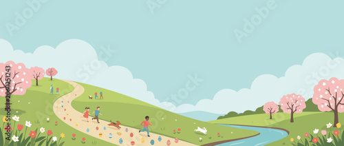 Panoramic vector banner illustration of a spring hillside with a tiny scale egg rolling race; large open landscape with miniature people and colorful eggs for seasonal fun and activities.