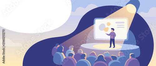 Panoramic vector banner illustration of a startup pitch stage silhouette with a spotlight and wide copy space; conceptual design for business presentations, events, and entrepreneurial success.