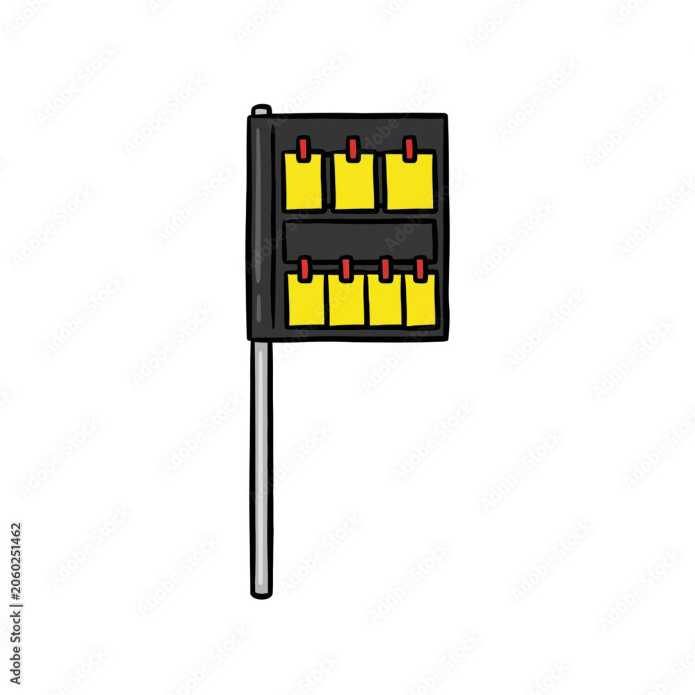 Naklejka premium Formula One Pit Board Mounted On A Pole Displaying Yellow Strategy Notes Secured With Red Clips, Showing Team Name, Lap Times And Driver Instructions For Race Vector Illustration