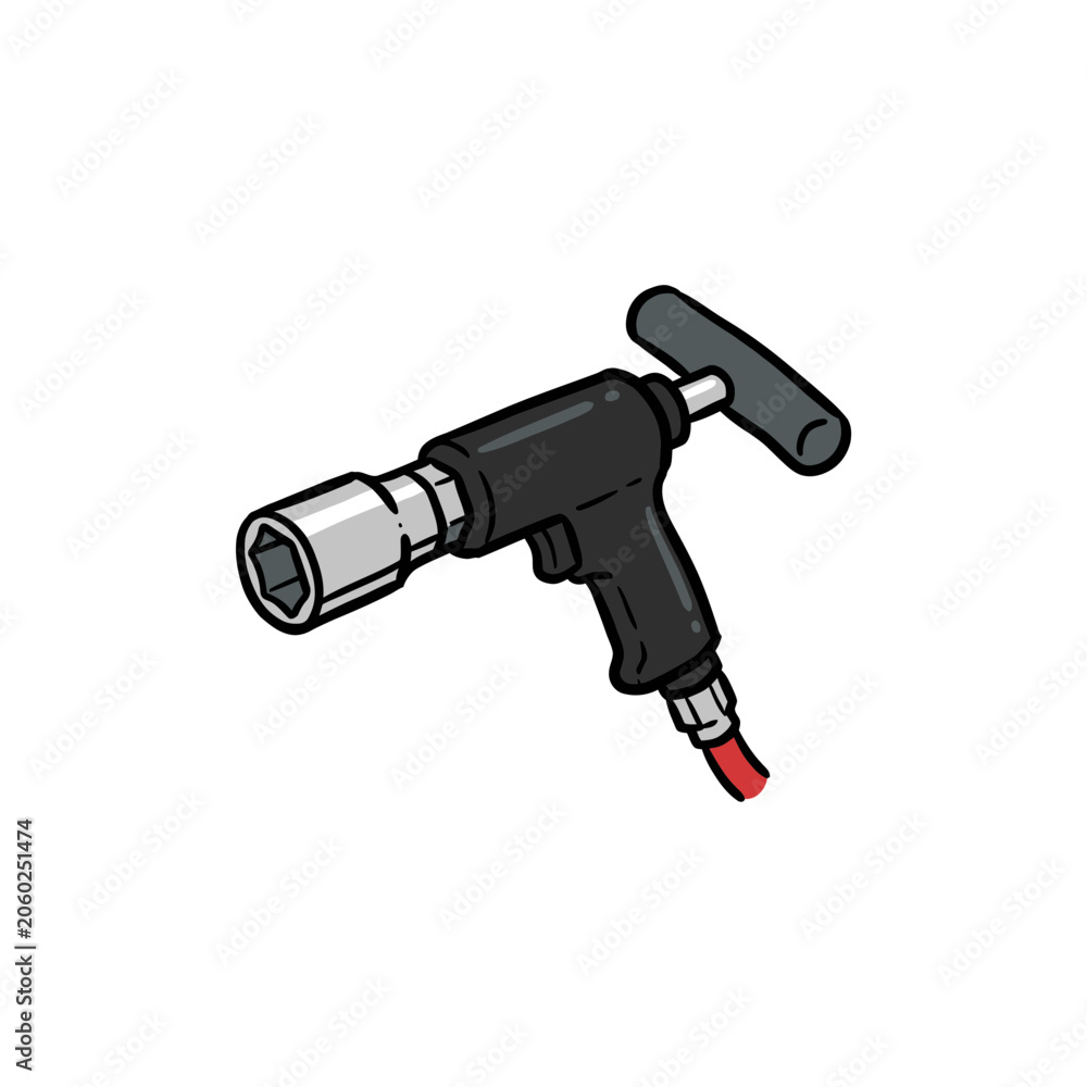Naklejka premium F1 Pneumatic Wheel Gun With T‑Shaped Handle, Silver Socket And Red Air Hose, A High‑Torque Pit Stop Tool For Rapid Tire Changes And Race Car Maintenance Vector Illustration