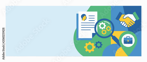 Panoramic vector banner illustration of a human resources recruitment concept featuring professional resume icons and a magnifying glass for talent search on a clean modern background.