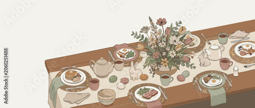 Panoramic vector banner illustration of a cozy Easter brunch table seen from a top view featuring plates, flowers, colorful eggs, and napkins; perfect for spring holiday celebration backgrounds.