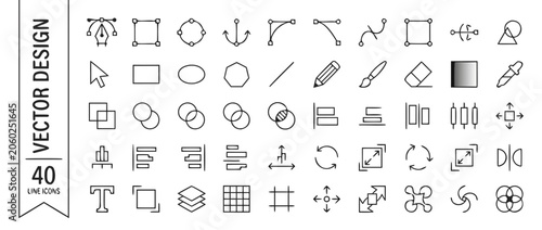 Professional thin line vector icon set containing forty symbols for graphic design software tools, pen tool paths, anchor point manipulation, digital illustration, and creative UI/UX assets.
