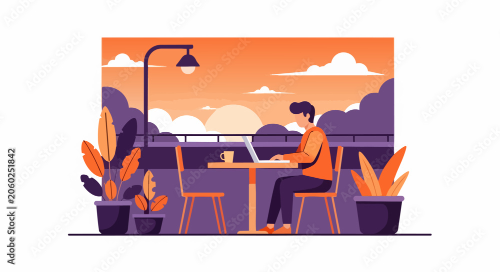 Fototapeta premium Digital Nomad Working on Laptop at Sunset Balcony Flat Vector Illustration - Remote Work Lifestyle, Freelance, and Study Concept
