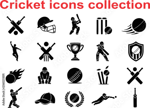 Photos Create a premium black-and-white vector icon collection featuring 20 cricket and football-themed icons arranged in a clean grid layout