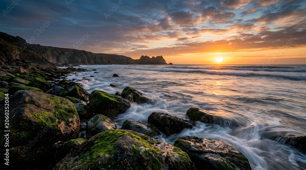 Obraz premium Sunset over the rocky coast of cornwall