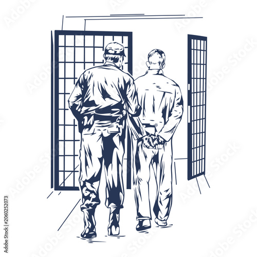 Fotografie Prison Guard Escorting Handcuffed Prisoner to Jail Cell