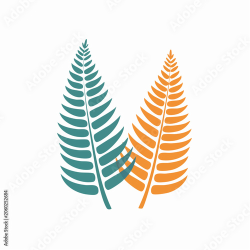 Two stylized fern leaves, one teal and one orange