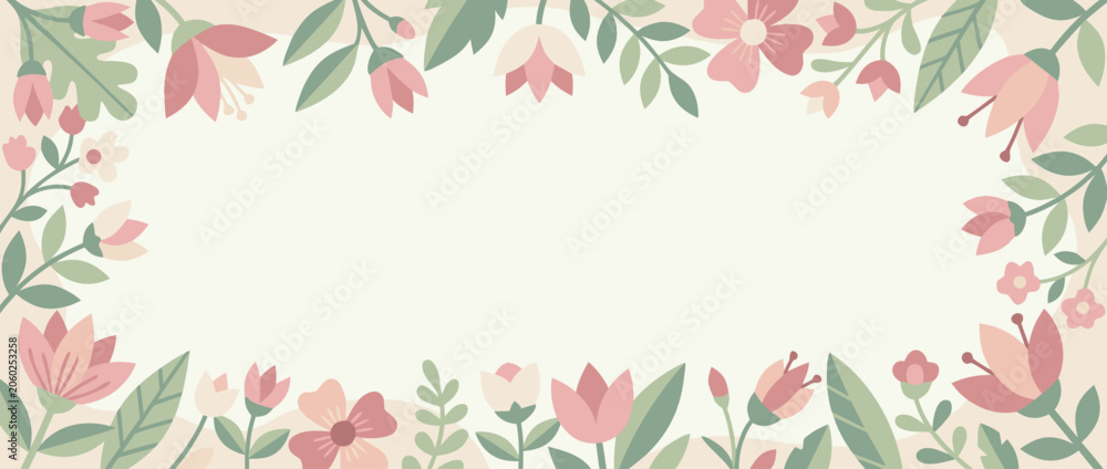 Obraz premium Elegant wedding invitation style panoramic banner with a delicate floral border and blank copy space, ideal for romantic announcements, bridal showers, and seasonal greeting card designs.