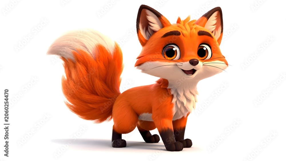 Fototapeta premium Charming cartoon fox with fluffy tail and cheerful expression, isolated on white background, perfect for children's media, branding, and animation projects.