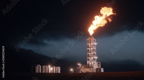 Flare Stack at Night: A towering flare stack burns intensely against a dark, cloudy sky, symbolizing industrial power and energy production.