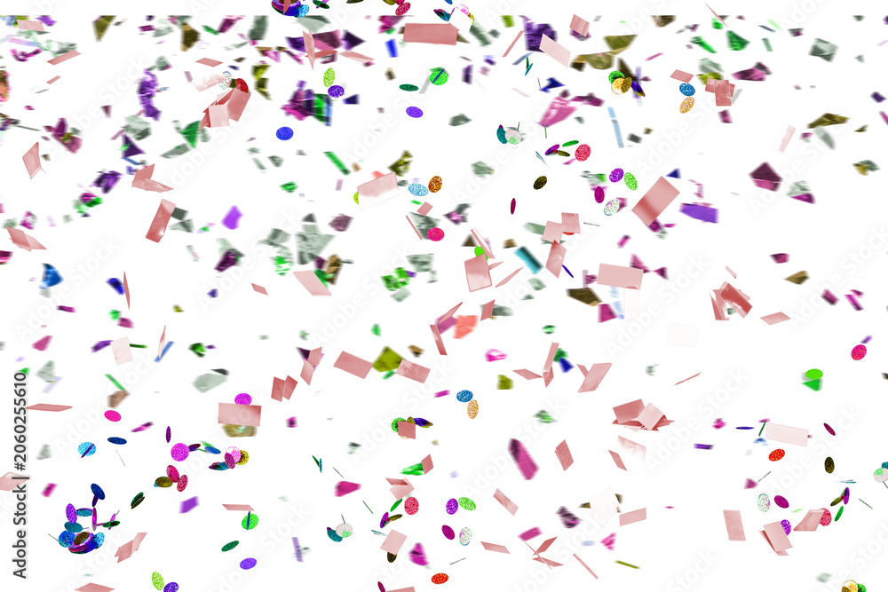 Obraz premium Colorful falling confetti on white background, festive party celebration, vibrant paper pieces
