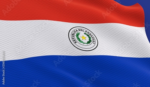 Paraguay flag waving showing national emblem fabric texture