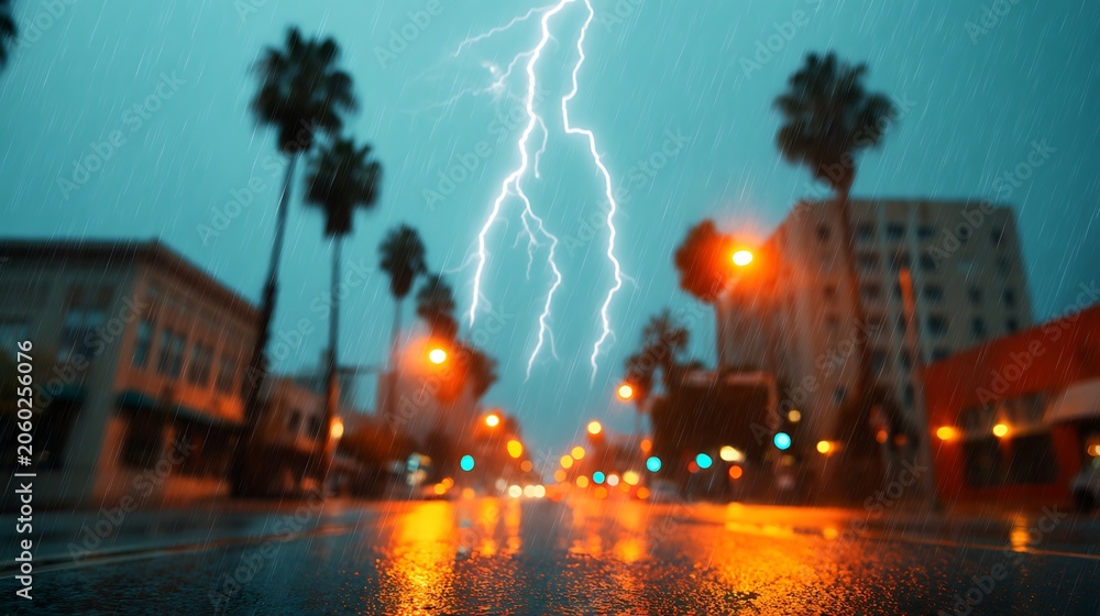 Obraz premium A rainy urban street scene at night with palm trees, wet pavement reflecting streetlights, and a dramatic lightning strike illuminating the sky.