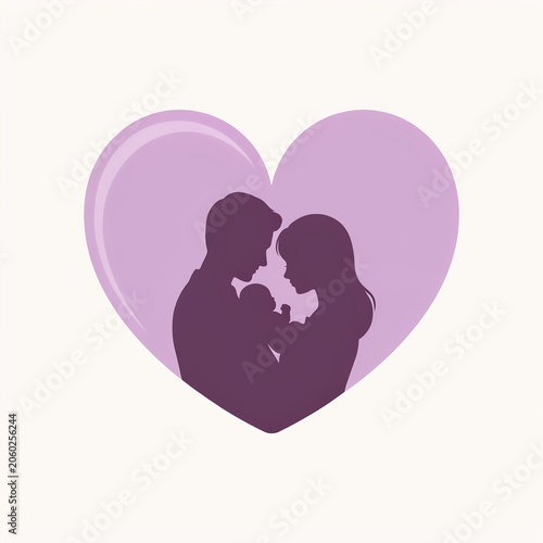 Couple holding a baby inside a purple heart shape graphic