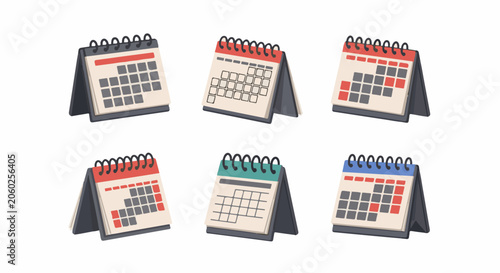 A set of six colorful desktop calendars