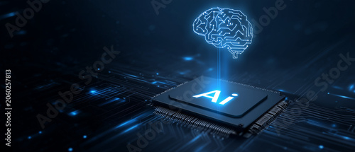 AI Processor and Digital Brain Concept on Futuristic Circuit Board