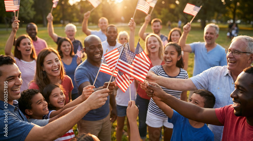 Diverse Community Celebrating 4th of July Together in Park During Summer Holiday Event