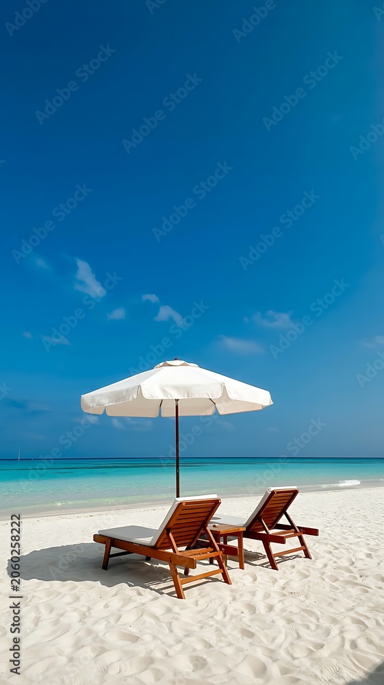 Fototapeta premium Two wooden lounge chairs under a white umbrella on a pristine sandy beach by the ocean