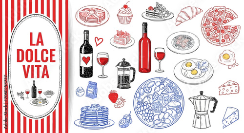 Bild auf Leinwand La dolce vita illustration with various food and drink items