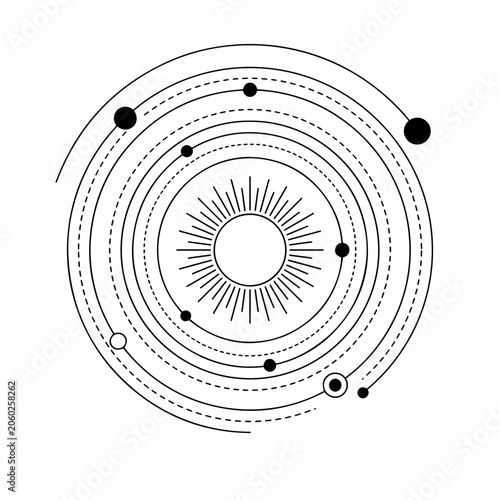 Minimalist solar system planet orbits line art design with astronomy, astrology