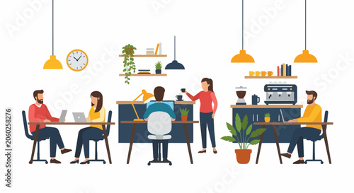 Modern Coworking Space and Cafe Illustration with People Working on Laptops. Flat Vector Design of a Remote Work Environment and Coffee Shop Interior.