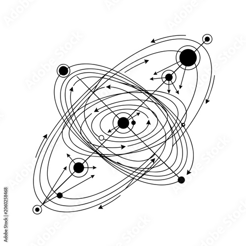 Abstract minimalist planetary system diagram with orbiting spheres and arrows