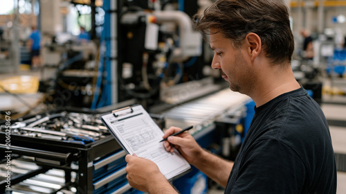 Aftermath of a factory machine changeover — tools laid out on a maintenance cart beside an idle conveyor section, oil absorbent pads on the floor, a lone technician reviewing the changeover checklis