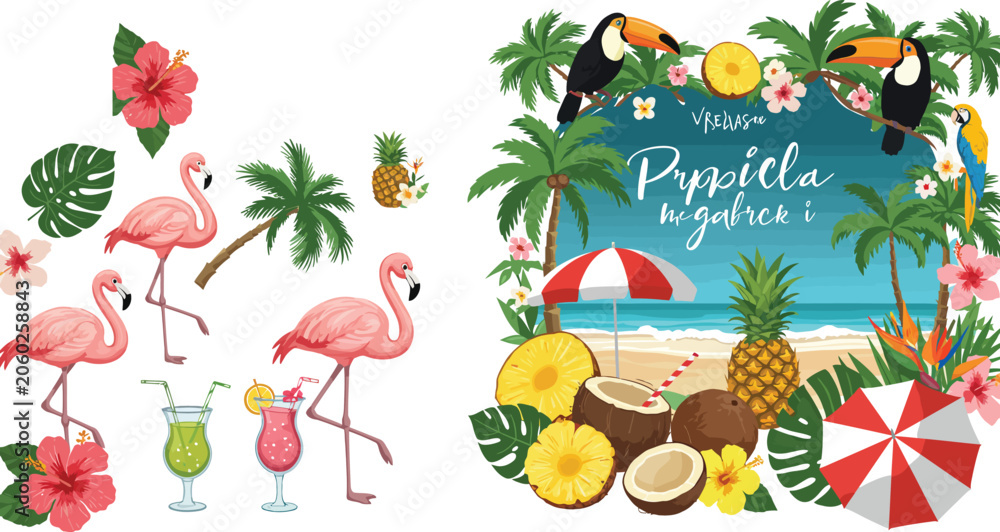 Fototapeta premium A vibrant collection of watercolor tropical elements featuring pink flamingos exotic toucans lush palm leaves hibiscus flowers refreshing cocktails and a sunny beach summer scene