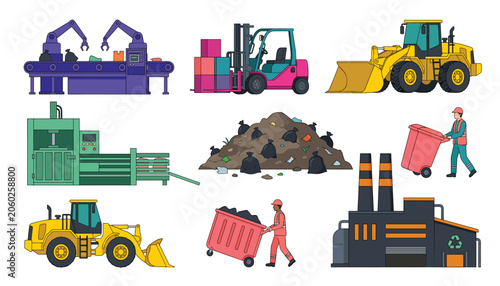Φωτογραφία Garbage recycling plant industrial waste management factory vector set