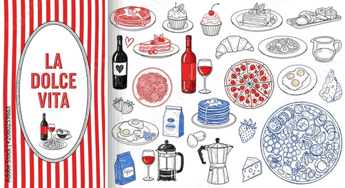 Billede på lærred La dolce vita illustration with various food and drink items