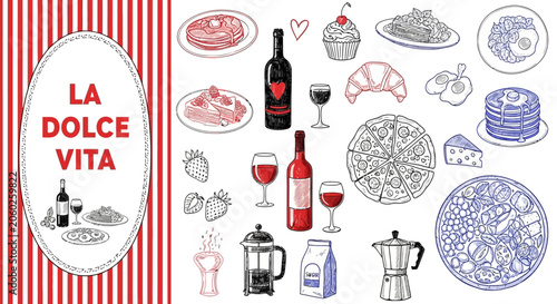 Foto La dolce vita illustration with various food and drink items