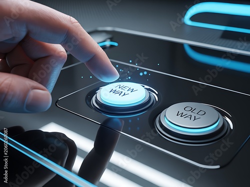 A hand pressing a button labeled new way next to an old way button on a futuristic control panel