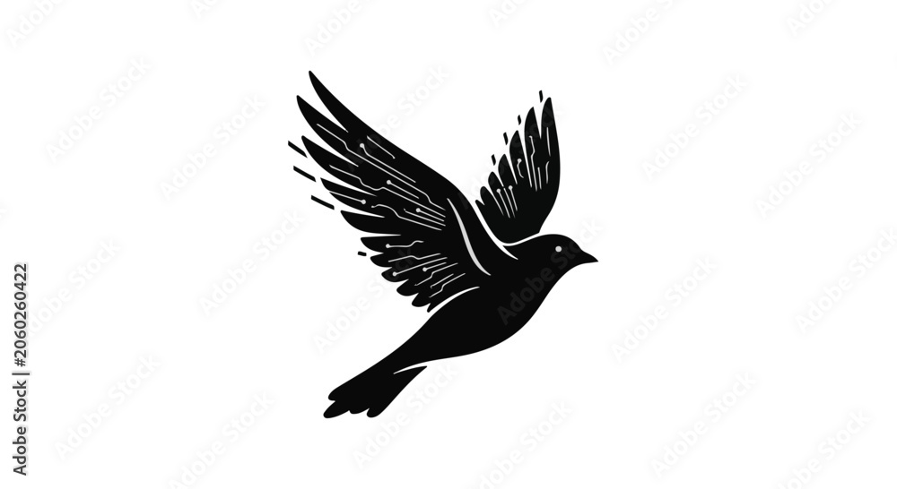 Naklejka premium Bird silhouette stylized with digital circuit patterns flies across a white background.
